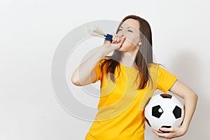 Beautiful European young people, football fan or player on white background. Sport, play, health, healthy lifestyle concept.