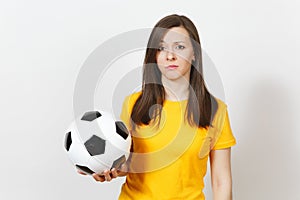 Beautiful European young people, football fan or player on white background. Sport, play, health, healthy lifestyle concept.