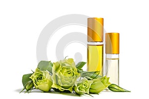 Beautiful Eustoma flowers and bottles with oils for skin