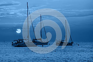 Beautiful evening blue Adriatic sea, yachts and early morning sky, Croatia. Evening seascape. Trendy Banner with color of the year