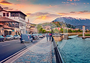 Beautiful evening cityscape of Berat town. Wonderful spring sunset in Albania.