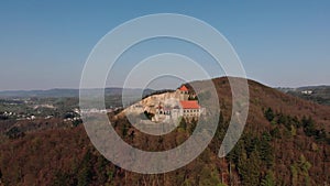 Beautiful evening flight over castle Wachenburg. The home of the German student corporations on Mount Wachenberg over the city