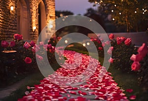 Beautiful evening landscape. Alley strewn with red rose petals, along which grow bushes of red roses and facade of building on