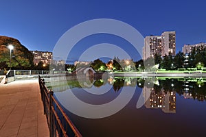 Beautiful Evening landscape with a pond in Zelenograd in Moscow. Russia