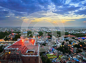 Beautiful evening scene of Trichy Tiruchirapalli city - view from ancient Rock Fort Rockfort and Hindu temple, Tamil Nadu