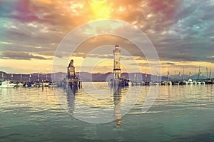 Beautiful evening seascape with lighthouse in harbor of Lindau