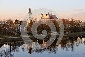 Beautiful evening sky over city Pinsk, Belarus. Cathedral catholic church.