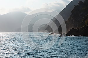 Surf in evening Vernazza outskirts, Cinque Terre, Italy