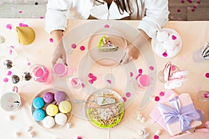 Beautiful excited woman celebrating birthday party flat lay