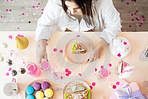 Beautiful excited woman celebrating birthday party flat lay