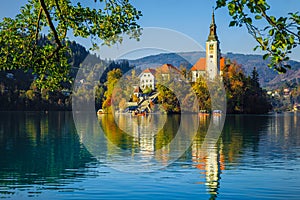 Beautiful excursion place with Pilgrimage church and lake Bled, Slovenia