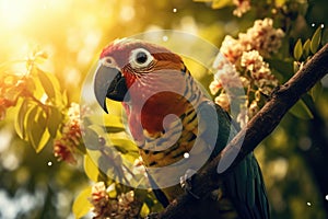 Beautiful exotic Ara parrot bird sitting on branch of tree in green jungle. Cute colorful bird
