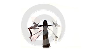 Beautiful exotic belly dancer with two wings and shaking her hips, on white, silhouette, shadow