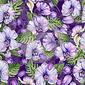 Beautiful exotic orchid flowers and monstera leaves on lilac background. Seamless tropical floral pattern. Watercolor painting.