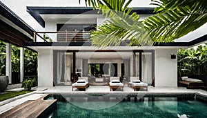 Beautiful exterior of newly built luxury home with pool and green trees