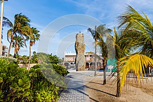 Beautiful exterior view of outdoor hotel area. Training wall for climbimg surrounded of green palm trees on blue sky background. photo