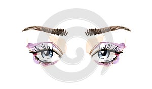 Beautiful eyes and long eyelashes in watercolor technique. Purple eyeshadows and blue eyes. Hand drawn illustration