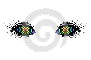 Beautiful eyes with long lashes and hypnotic multicolored spirals
