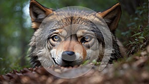 Beautiful eyes of a wild wolf dangerous mammal