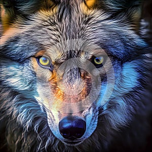 Beautiful eyes of a wild wolf - front view - AI generated