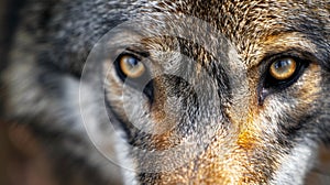 beautiful eyes of a wild wolf. Portrait from animal. Timber Wolf yellow eyes closeup. AI Generative