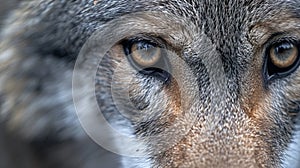 beautiful eyes of a wild wolf. Portrait from animal. Timber Wolf yellow eyes closeup. AI Generative