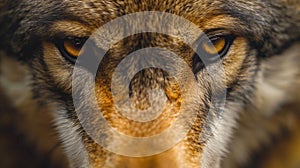 beautiful eyes of a wild wolf. Portrait from animal. Timber Wolf yellow eyes closeup. AI Generative