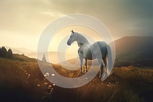Beautiful fabled white horse on sunrise mountain view. Generate ai