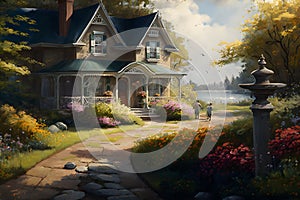 Beautiful fabulous house in a blooming fantasy garden. Neural network AI generated art