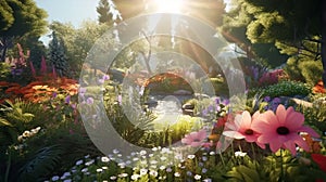 Beautiful Fabulous mystical Paradise Garden, mysterious Fairy Tale Summer floral Background