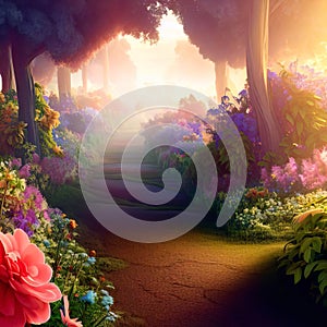 Beautiful Fabulous mystical Paradise Garden, mysterious Fairy Tale Summer floral Background. Generative AI