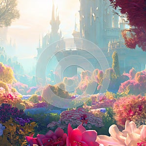 Beautiful Fabulous mystical Paradise Garden, mysterious Fairy Tale Summer floral Background. Generative AI