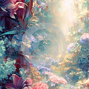 Beautiful Fabulous mystical Paradise Garden, mysterious Fairy Tale Summer floral Background. Generative AI