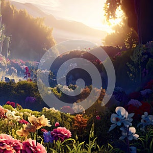 Beautiful Fabulous mystical Paradise Garden, mysterious Fairy Tale Summer floral Background. Generative AI
