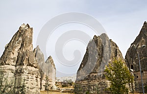 Beautiful Fabulous unique forms of sandstone landscape with eroded bizarre rock formations of Cappadocia, Turkey