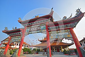 Beautiful facade entrance of San Ching Tian Chinese Taoist Temple building at Miri, Sarawak, Malaysia
