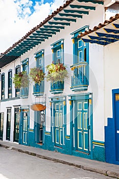 Beautiful facade of the houses at the historical downtown of the heritage town of Salamina located at the Caldas department in