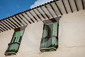 Beautiful facade of the houses at the historical downtown of the heritage town of Salamina located at the Caldas department in