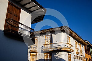 Beautiful facade of the houses at the historical downtown of the heritage town of Salamina located at the Caldas department in