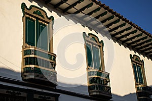 Beautiful facade of the houses at the historical downtown of the heritage town of Salamina located at the Caldas department in