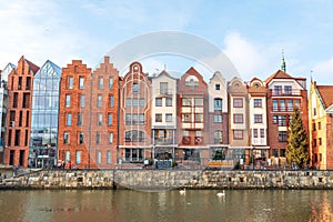 Beautiful facades of the buildings in Gdansk by the river, Poland