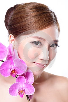 Beautiful face with pink orchids