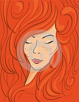 Beautiful face of a red-haired girl in thick wavy hair