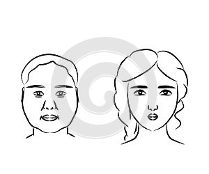 Beautiful face of a woman on a white background. Plastic surgery. Before and after. Vector