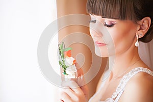 Beautiful Face of Young Blond Bride Woman. Beauty Morning Portrait.Girl Look in Window.Bridal Veil. Curtains