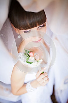 Beautiful Face of Young Blond Bride Woman. Beauty Morning Portrait.Girl Look in Window.Bridal Veil. Curtains