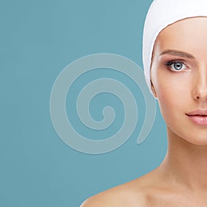 Beautiful face of young and healthy woman. Skin care, cosmetics, makeup, complexion and face lifting.