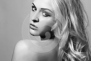 Beautiful Face of Young Woman.Blond girl.Art monochrome portrait.Sexy