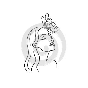 Beautiful face of a young woman with a butterfly. Stock vector illustration isolated on white background.Woman logo.