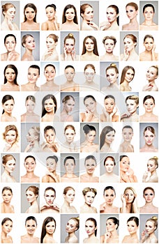 Beautiful faces of young and healthy women. Plastic surgery, skin care, cosmetics and face lifting concept.